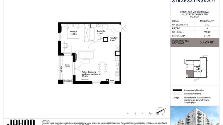 Rzut - Mieszkanie na sprzedaż 2 pokoje o powierzchni 50,26 m² - numer 77D.22 w Strzeszyńska 77