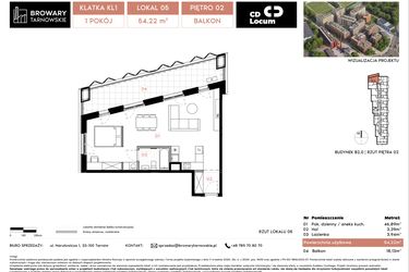 Rzut - Mieszkanie na sprzedaż 1 pokój o powierzchni 54,22 m² - numer B2.5 w Browary Tarnowskie etap 1