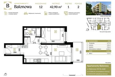 Rzut - Mieszkanie na sprzedaż 2 pokoje o powierzchni 42,9 m² - numer 12 w Apartamenty Balonowa