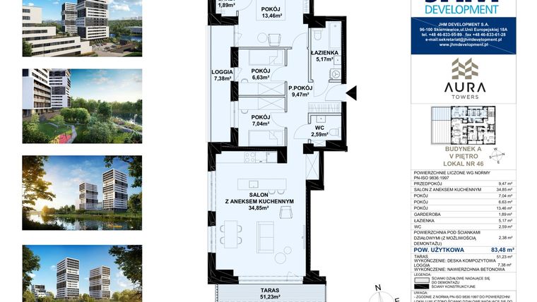 Rzut - Mieszkanie na sprzedaż 4 pokoje o powierzchni 83,75 m² - numer A.5.46 w Aura Towers