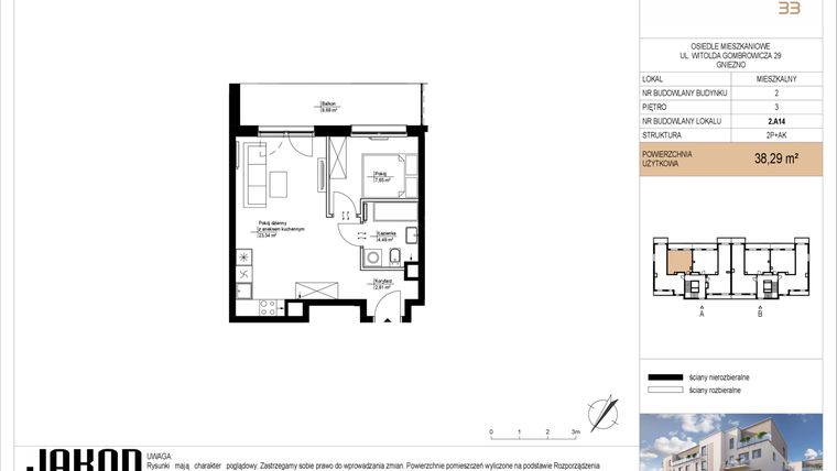 Rzut - Mieszkanie na sprzedaż 2 pokoje o powierzchni 38,29 m² - numer 2.A14 w Gombrowicza 33 - etap II