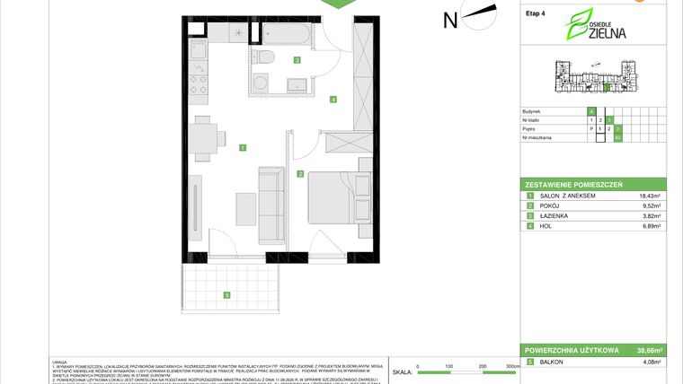 Rzut - Mieszkanie na sprzedaż 2 pokoje o powierzchni 38,66 m² - numer A.82 w Osiedle Zielna IV
