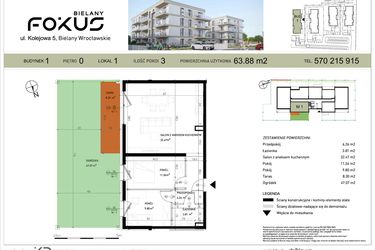 Rzut - Mieszkanie na sprzedaż 3 pokoje o powierzchni 63,88 m² - numer I.1 w Fokus Bielany