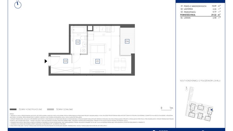 Rzut - Mieszkanie na sprzedaż 1 pokój o powierzchni 29,32 m² - numer 1.0.8 w Atria Nowe Żerniki