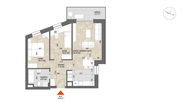 Rzut - Mieszkanie na sprzedaż 3 pokoje o powierzchni 59,16 m² - numer 42 w Apartamenty Śródmieście