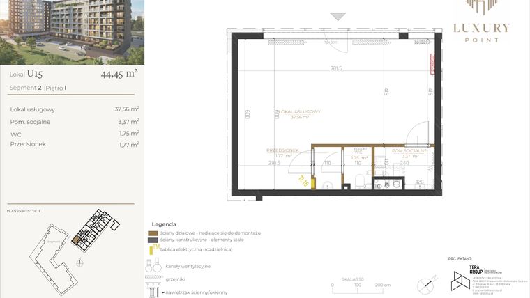 Rzut - Lokal użytkowy na sprzedaż 1 pokój o powierzchni 44,45 m² - numer LU15 w LUXURY POINT