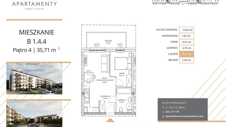 Rzut - Mieszkanie na sprzedaż 2 pokoje o powierzchni 35,71 m² - numer B1.4.4 w Apartamenty Nowe Miasto