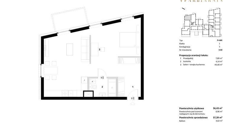 Rzut - Mieszkanie na sprzedaż 1 pokój o powierzchni 57,39 m² - numer 3.02 w Stara Farbiarnia