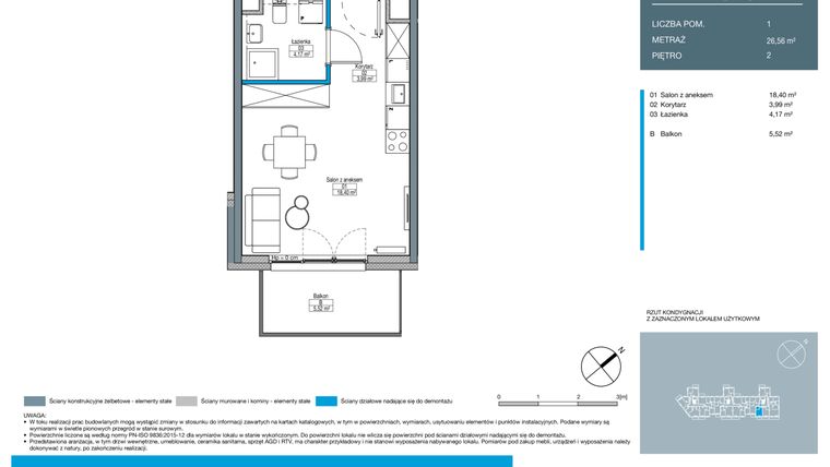Rzut - Mieszkanie na sprzedaż 1 pokój o powierzchni 26,56 m² - numer DA0204 w Talarowa Park II