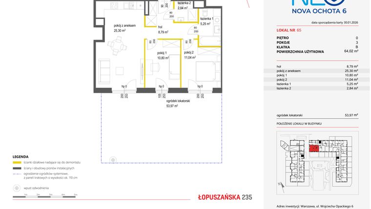 Rzut - Mieszkanie na sprzedaż 3 pokoje o powierzchni 64,02 m² - numer 65 w Neo Nova Ochota 6