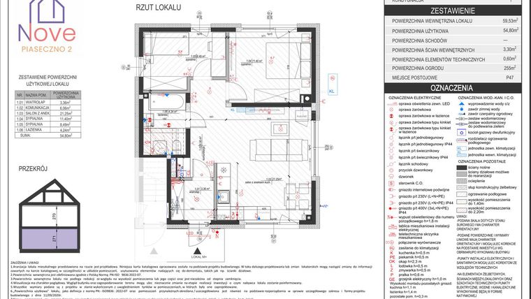 Rzut - Mieszkanie na sprzedaż 3 pokoje o powierzchni 54,8 m² - numer H6.1 w Nove Piaseczno 2 etap H