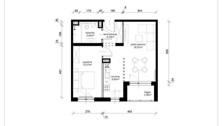 Rzut - Mieszkanie na sprzedaż 2 pokoje o powierzchni 47,62 m² - numer E.3.21.2k w Art.Teo etap 3
