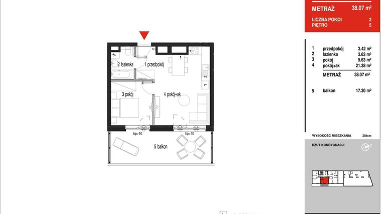 Rzut - Mieszkanie na sprzedaż 2 pokoje o powierzchni 38,07 m² - numer A5-F17 w Panorama A5
