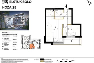 Rzut - Mieszkanie na sprzedaż 2 pokoje o powierzchni 40,48 m² - numer 14 w Hoża 25