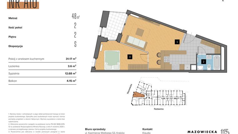 Rzut - Mieszkanie na sprzedaż 2 pokoje o powierzchni 47,45 m² - numer A10 w Mazowiecka 115