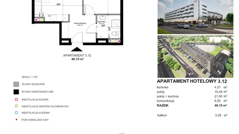 Rzut - Mieszkanie na sprzedaż 2 pokoje o powierzchni 48,03 m² - numer 3.12 w Apartamentowiec Zwycięska 3 - inwestycyjne
