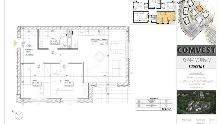 Rzut - Mieszkanie na sprzedaż 3 pokoje o powierzchni 57,24 m² - numer E1 w Kowanówko
