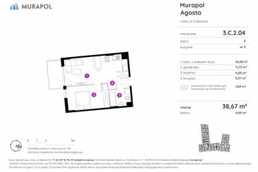Rzut - Mieszkanie na sprzedaż 1 pokój o powierzchni 38,67 m² - numer 3.C.2.04 w Murapol Agosto