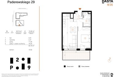 Rzut - Mieszkanie na sprzedaż 2 pokoje o powierzchni 40,74 m² - numer B36 w Paderewskiego 29