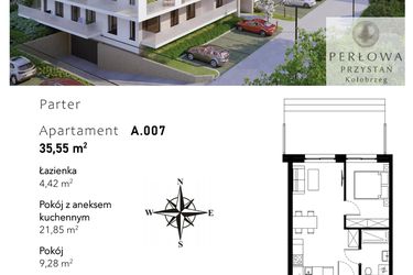 Rzut - Mieszkanie na sprzedaż 2 pokoje o powierzchni 35,55 m² - numer A.007 w Perłowa Przystań - Kołobrzeg - etap II