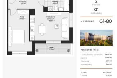 Rzut - Mieszkanie na sprzedaż 2 pokoje o powierzchni 44,28 m² - numer G1-80 w Piasta Park VI