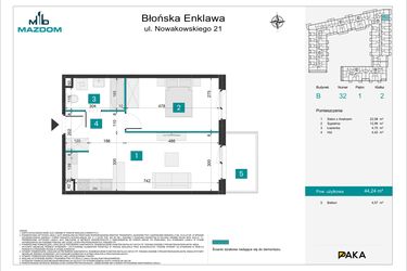 Rzut - Mieszkanie na sprzedaż 2 pokoje o powierzchni 44,24 m² - numer B.32 w Błońska Enklawa