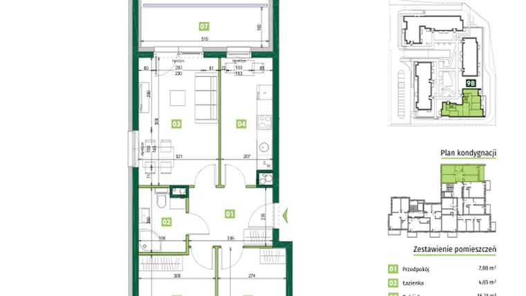 Rzut - Mieszkanie na sprzedaż 3 pokoje o powierzchni 64,74 m² - numer 9B.11 w Zielona Przystań etap III