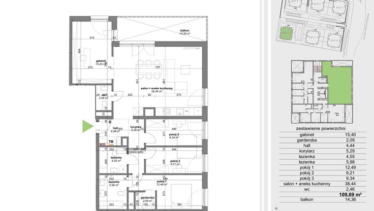 Rzut - Mieszkanie na sprzedaż 5 pokoi o powierzchni 109,21 m² - numer F.8.1 w Park Przy Stawach