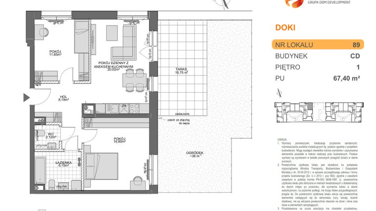 Rzut - Mieszkanie na sprzedaż 3 pokoje o powierzchni 67,4 m² - numer CD.89 w DOKI