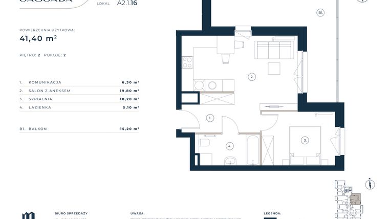 Rzut - Mieszkanie na sprzedaż 2 pokoje o powierzchni 41,4 m² - numer A2.1.16 w Cascada