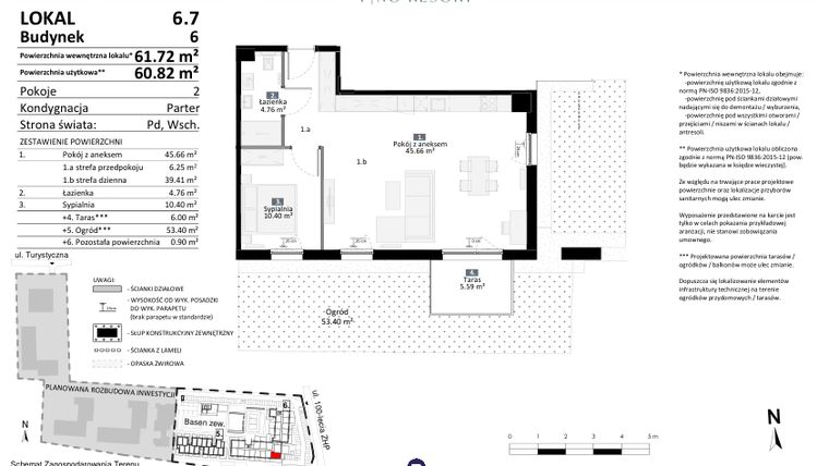 Rzut - Mieszkanie na sprzedaż 2 pokoje o powierzchni 60,82 m² - numer 6.07 w Pino Resort