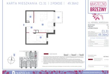 Rzut - Mieszkanie na sprzedaż 2 pokoje o powierzchni 49,36 m² - numer C1.31 w Miasteczko Brzeziny II