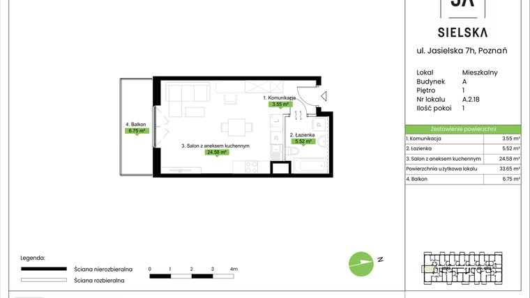 Rzut - Mieszkanie na sprzedaż 1 pokój o powierzchni 33,65 m² - numer A.2.18 w JA_SIELSKA V
