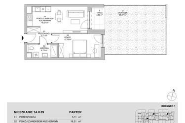 Rzut - Mieszkanie na sprzedaż 2 pokoje o powierzchni 41,86 m² - numer 1A.0.09 w Francuska Park VIIIB