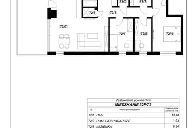 Rzut - Mieszkanie na sprzedaż 4 pokoje o powierzchni 103,02 m² - numer 32F-72 w Park Moniuszki II budynek A