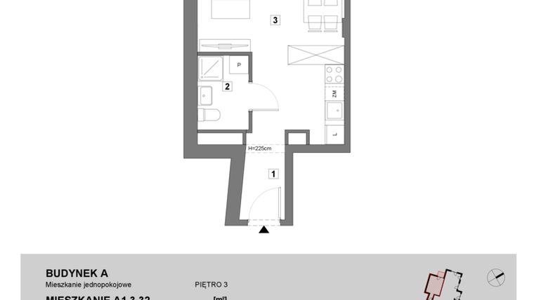 Rzut - Mieszkanie na sprzedaż 1 pokój o powierzchni 28 m² - numer A1.3.32 w ATAL Grabiszyn