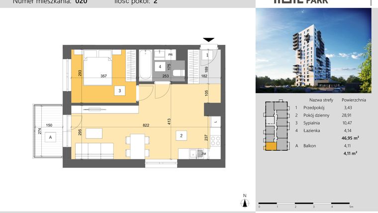 Rzut - Mieszkanie na sprzedaż 2 pokoje o powierzchni 46,95 m² - numer 20 w Dworzysko Park - Etap III
