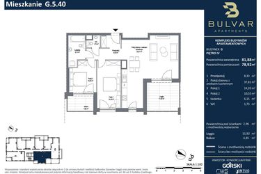 Rzut - Mieszkanie na sprzedaż 3 pokoje o powierzchni 81,67 m² - numer G.5.40 w Bulvar Apartments - etap I