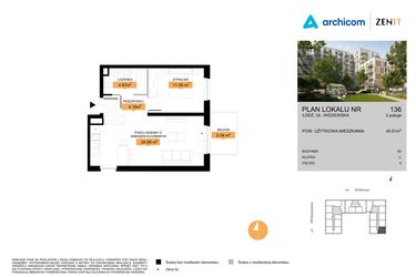 Rzut - Mieszkanie na sprzedaż 2 pokoje o powierzchni 45,01 m² - numer 3D.136 w Zenit III