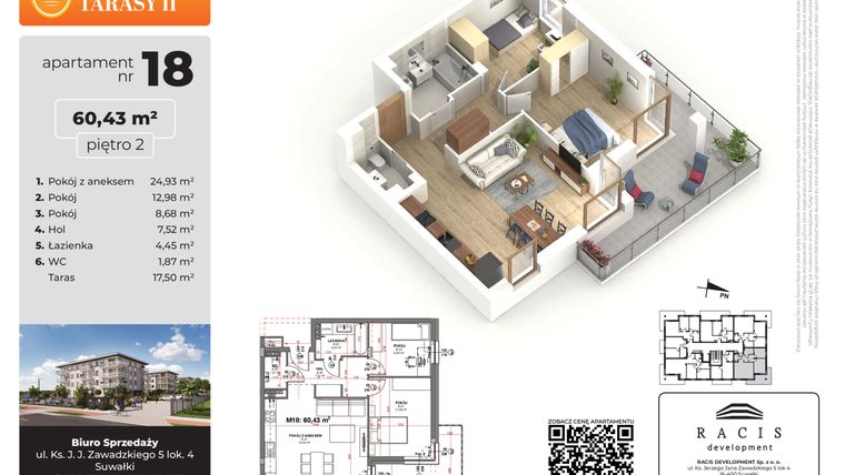 Rzut - Mieszkanie na sprzedaż 3 pokoje o powierzchni 60,43 m² - numer 18 w Słoneczne Tarasy II etap 2