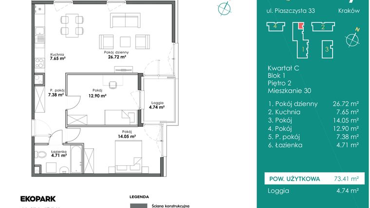 Rzut - Mieszkanie na sprzedaż 3 pokoje o powierzchni 73,41 m² - numer C1-30 w Slow City