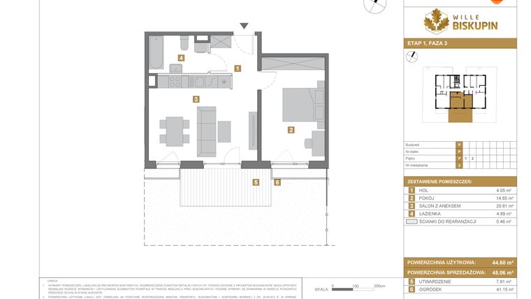 Rzut - Mieszkanie na sprzedaż 2 pokoje o powierzchni 44,6 m² - numer P2 w Wille Biskupin III