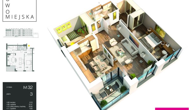 Rzut - Mieszkanie na sprzedaż 3 pokoje o powierzchni 65,7 m² - numer E32 w Osiedle Nowomiejska - Budynek E