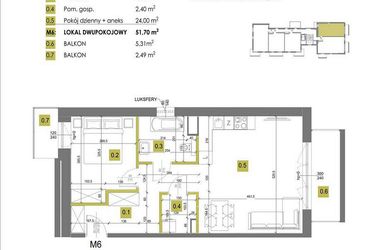 Rzut - Mieszkanie na sprzedaż 2 pokoje o powierzchni 51,7 m² - numer M6 w Mazowiecka 69