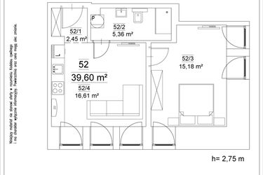 Rzut - Mieszkanie na sprzedaż 2 pokoje o powierzchni 39,6 m² - numer 52 w Osiedle Teatralne 19 - apartamenty inwestycyjne