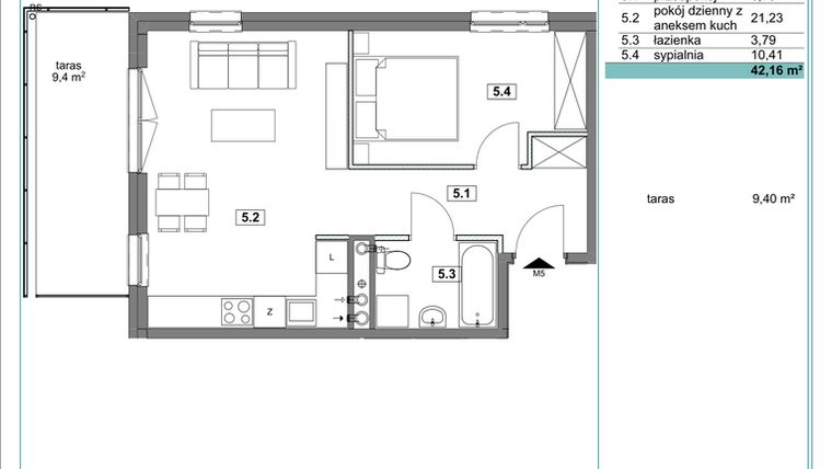 Rzut - Mieszkanie na sprzedaż 2 pokoje o powierzchni 42,34 m² - numer D.5 w Osiedle Kościuszki etap II