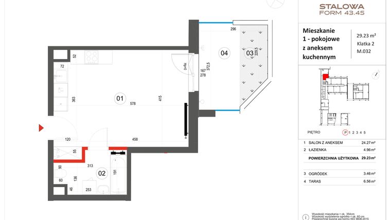 Rzut - Mieszkanie na sprzedaż 1 pokój o powierzchni 29,23 m² - numer 32 w Stalowa Form 43.45