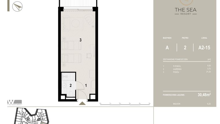 Rzut - Mieszkanie na sprzedaż 1 pokój o powierzchni 30,48 m² - numer A2-15 w The Sea Resort Międzyzdroje