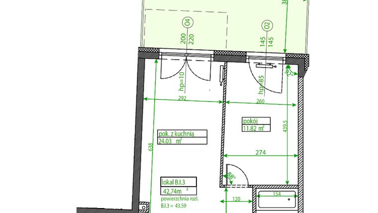 Rzut - Mieszkanie na sprzedaż 2 pokoje o powierzchni 42,42 m² - numer B.I.3 w Osiedle Opolska