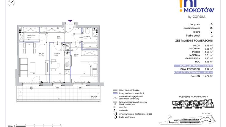 Rzut - Mieszkanie na sprzedaż 2 pokoje o powierzchni 53,17 m² - numer A1.B.55 w Hi Mokotów